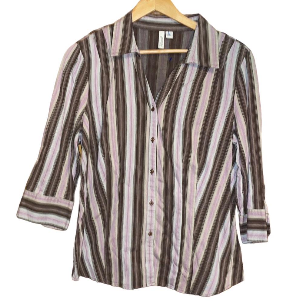 •ST.JOHN'S BAY•BROWN & PINK STRIPED 3/4 SLEEVE V NECK BUTTON UP BLOUSE XL EUC